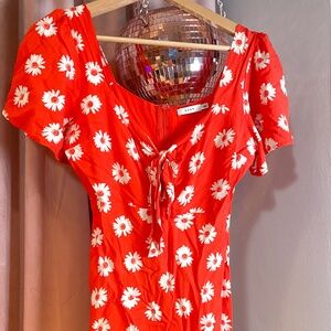 Cute Red Orange Daisy Sleeved Sun Dress (Small)